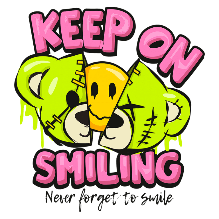 Ilustração colorida com três máscaras de animais, incluindo um urso e uma cabeça amarela, acompanhada da frase "Keep on smiling" em letras grandes e divertidas. O design transmite uma mensagem positiva e encorajadora sobre manter o sorriso.