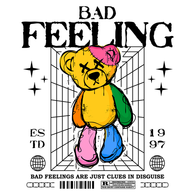Ursinho de pelúcia colorido com expressão triste, acompanhado de texto estilizado "BAD FEELING" e elementos gráficos como estrelas e uma grade de fundo, representando a ideia de sentimentos negativos. Design moderno e artístico, inspirado na cultura pop dos anos 90.