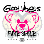 Imagem com arte urbana destacando um urso estilizado em cores vibrantes, com a frase "Good Vibes" e "Fake Smile". Design moderno e urbano, ideal para moda streetwear.