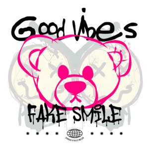 Imagem com arte urbana destacando um urso estilizado em cores vibrantes, com a frase "Good Vibes" e "Fake Smile". Design moderno e urbano, ideal para moda streetwear.