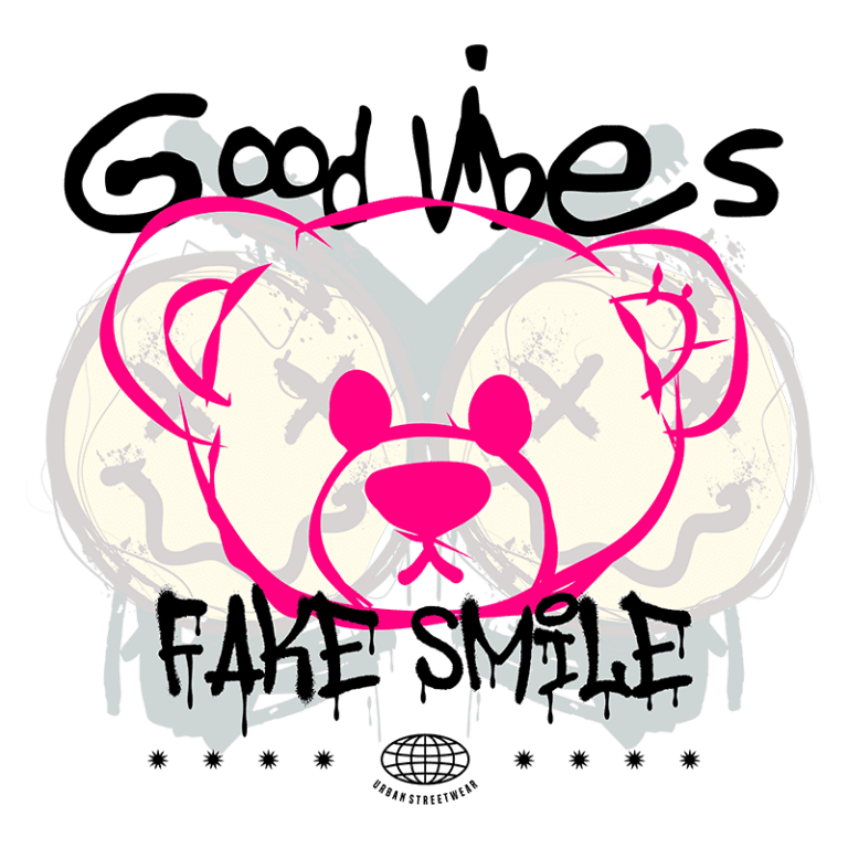 Imagem com arte urbana destacando um urso estilizado em cores vibrantes, com a frase "Good Vibes" e "Fake Smile". Design moderno e urbano, ideal para moda streetwear.