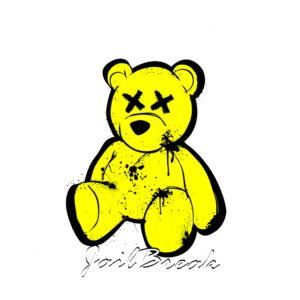 Ursinho amarelo com expressão de tristeza, exibindo marcas de sujeira e com os olhos em forma de 'X', em um design estilo "Wanted". A imagem promove a marca "JailBreak" de moda urbana, destacando o conceito de "mais procurado".