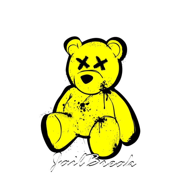 Ursinho amarelo com expressão de tristeza, exibindo marcas de sujeira e com os olhos em forma de 'X', em um design estilo "Wanted". A imagem promove a marca "JailBreak" de moda urbana, destacando o conceito de "mais procurado".