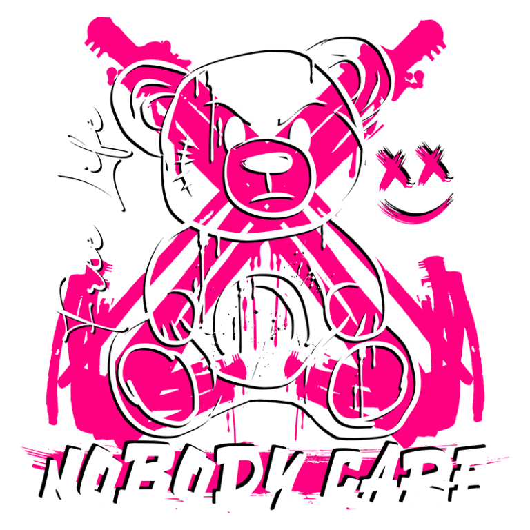Ilustração de um urso de pelúcia estilizado com expressão zangada, cercado por elementos gráficos em rosa e preto. O design inclui a frase "Nobody Care" e "Free Life", com um fundo de linhas e manchas que evocam uma estética urbana e moderna. Ideal para moda streetwear ou arte contemporânea.