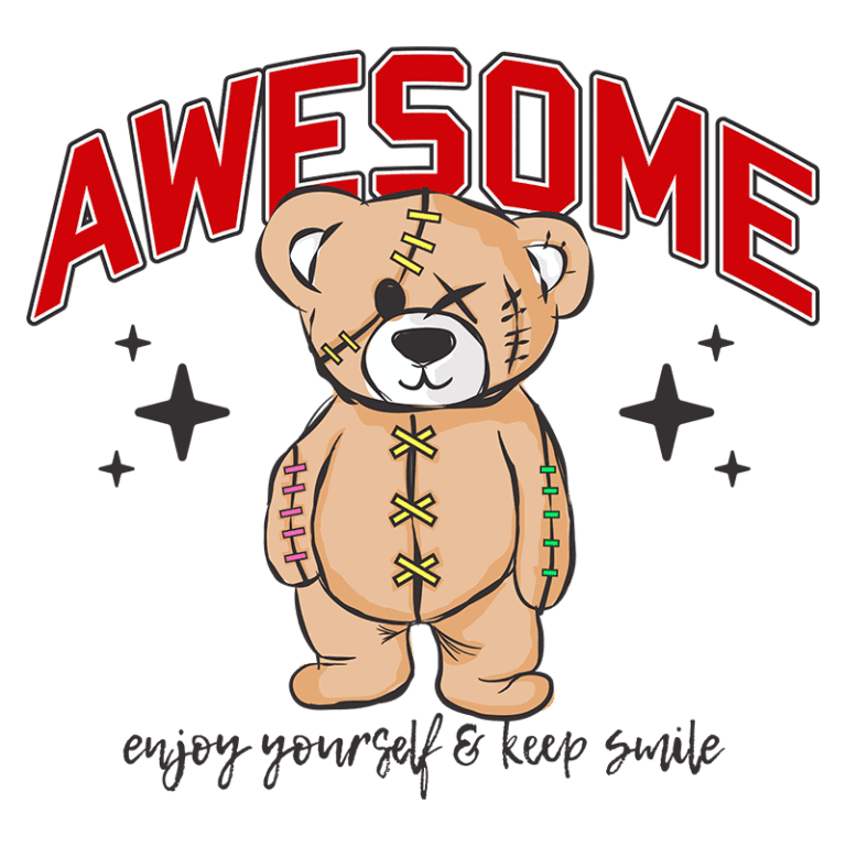 Ursinho de pelúcia estilizado com costuras coloridas e expressão divertida, acompanhado do texto "AWESOME" e a frase "enjoy yourself & keep smile", em um fundo verde. Ideal para produtos e designs voltados ao público jovem e divertido.