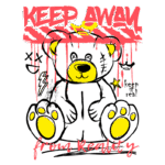 Ilustração de um urso estilizado com cores vibrantes, acompanhado da frase "KEEP AWAY from REALITY". O urso possui patas amarelas e um design divertido, com elementos gráficos como raios e estrelas, transmitindo uma mensagem de descontração e escapismo. Ideal para produtos de moda e arte urbana.