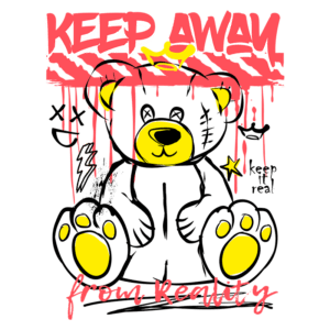 Ilustração de um urso estilizado com cores vibrantes, acompanhado da frase "KEEP AWAY from REALITY". O urso possui patas amarelas e um design divertido, com elementos gráficos como raios e estrelas, transmitindo uma mensagem de descontração e escapismo. Ideal para produtos de moda e arte urbana.