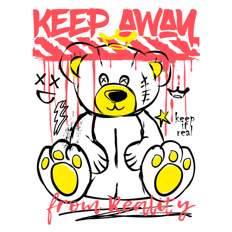 Ilustração de um urso estilizado com cores vibrantes, acompanhado da frase "KEEP AWAY from REALITY". O urso possui patas amarelas e um design divertido, com elementos gráficos como raios e estrelas, transmitindo uma mensagem de descontração e escapismo. Ideal para produtos de moda e arte urbana.
