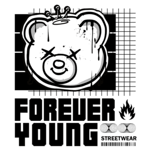 Ilustração de um urso estilizado com uma coroa, acompanhado do texto "FOREVER YOUNG STREETWEAR". O design apresenta um estilo urbano e moderno, ideal para moda streetwear.