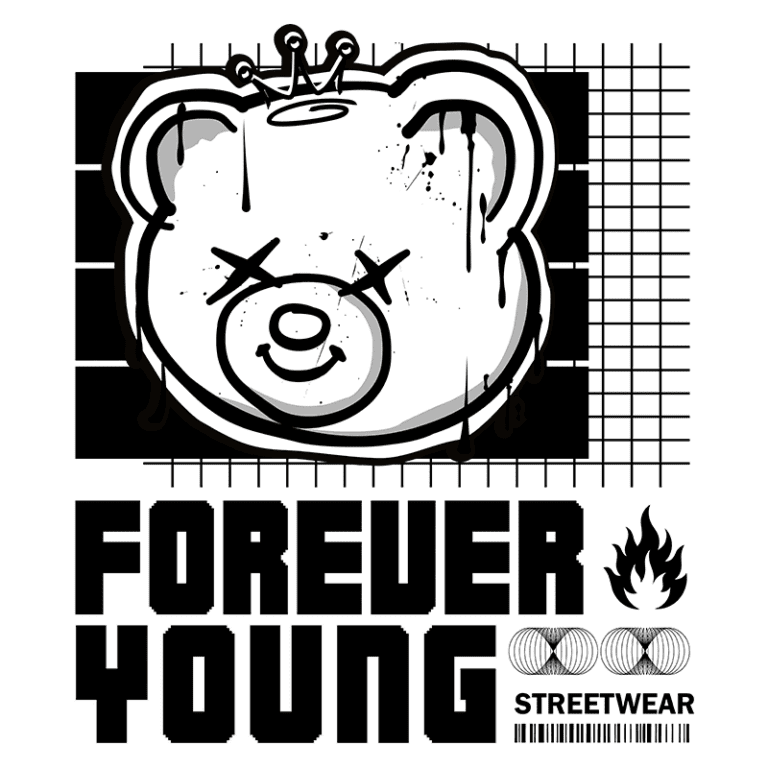 Ilustração de um urso estilizado com uma coroa, acompanhado do texto "FOREVER YOUNG STREETWEAR". O design apresenta um estilo urbano e moderno, ideal para moda streetwear.