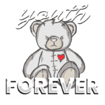 Urso de pelúcia com expressão séria, simbolizando a juventude e a positividade, acompanhado de frases inspiradoras sobre amor e manter-se jovem para sempre. Ideal para decoração ou ilustração relacionada à infância e à felicidade.