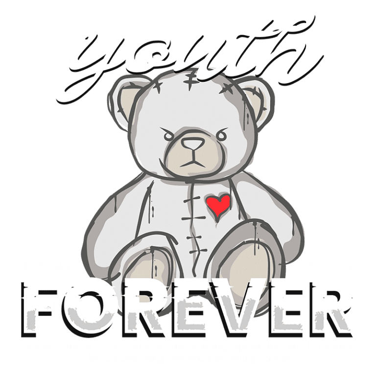 Urso de pelúcia com expressão séria, simbolizando a juventude e a positividade, acompanhado de frases inspiradoras sobre amor e manter-se jovem para sempre. Ideal para decoração ou ilustração relacionada à infância e à felicidade.