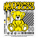 Imagem de um urso de pelúcia amarelo com expressão triste, rodeado por um fundo gráfico urbano. O texto "HOPELESS" em destaque e elementos de streetwear. A arte transmite uma mensagem de perseverança e esperança.