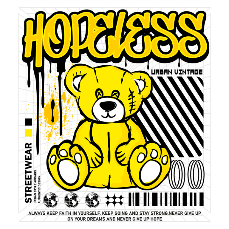 Imagem de um urso de pelúcia amarelo com expressão triste, rodeado por um fundo gráfico urbano. O texto "HOPELESS" em destaque e elementos de streetwear. A arte transmite uma mensagem de perseverança e esperança.
