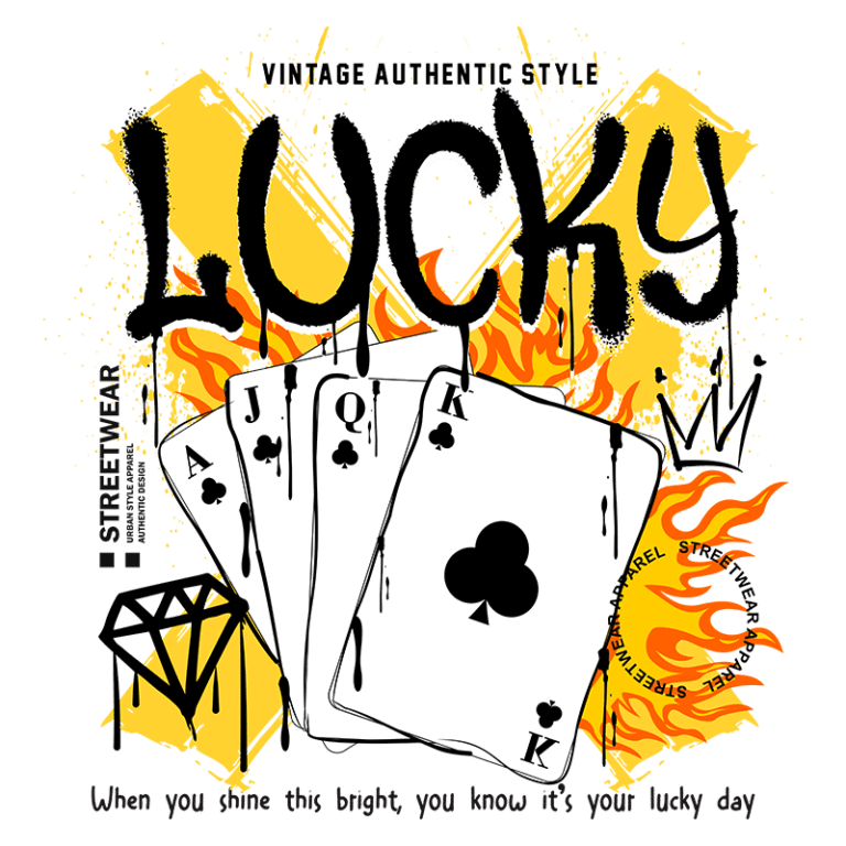 Design gráfico com temática vintage destacando a palavra "LUCKY" em estilo urbano, acompanhada de cartas de baralho (A, J, Q, K) e elementos de fogo e um diamante, simbolizando sorte e estilo. Ideal para moda streetwear.