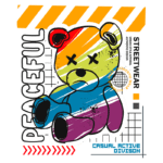 Urso estilizado em cores vibrantes com o texto "Peaceful" e elementos gráficos de streetwear, representando um design urbano e moderno. Ideal para moda casual e ativa.