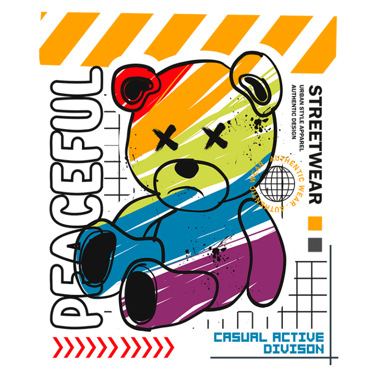 Urso estilizado em cores vibrantes com o texto "Peaceful" e elementos gráficos de streetwear, representando um design urbano e moderno. Ideal para moda casual e ativa.