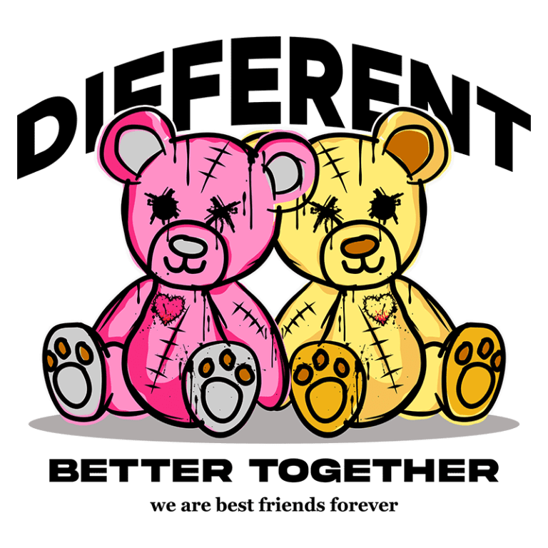 Imagem de dois ursinhos de pelúcia, um rosa e um amarelo, com costuras visíveis e corações em seus peitos. A frase "DIFERENTES, MELHOR JUNTOS" destaca a amizade única entre eles. Ideal para representar laços de amizade e aceitação.