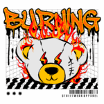 Design gráfico de urso estilizado em chamas, com a palavra "BURNING" em destaque. A arte apresenta um fundo de grade, refletindo a estética streetwear. Ideal para marcas de moda urbana.
