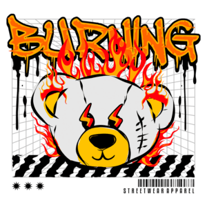 Design gráfico de urso estilizado em chamas, com a palavra "BURNING" em destaque. A arte apresenta um fundo de grade, refletindo a estética streetwear. Ideal para marcas de moda urbana.