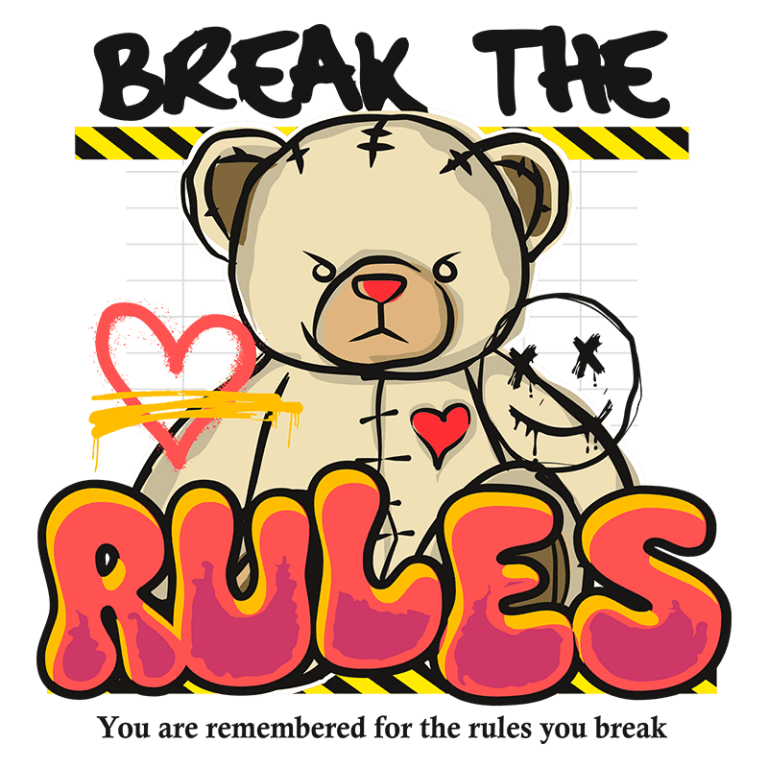 Urso de pelúcia com expressão séria, decorado com um coração vermelho e costuras visíveis, acompanhado do texto "BREAK THE RULES" e a frase "Você é lembrado pelas regras que quebra", em um fundo com linhas e padrões de advertência. Ideal para transmitir uma mensagem de rebeldia e individualidade.