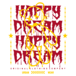 Design gráfico de uma camiseta com um urso estilizado amarelo, acompanhando o texto "HAPPY DREAM" em vermelho, com um efeito de gotejamento. O fundo inclui elementos urbanos e a marca "ORIGINAL CLOTHING COMPANY" destacada. Ideal para moda urbana.