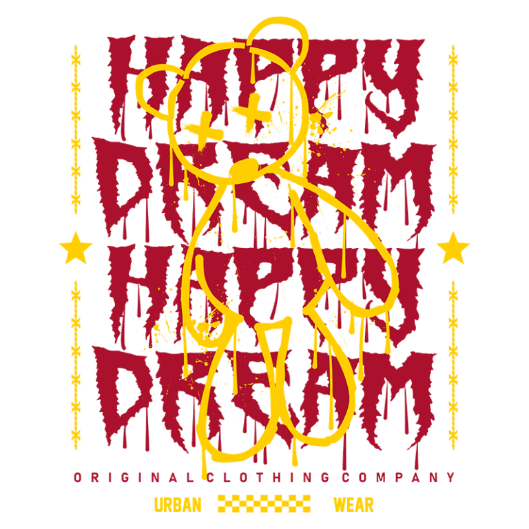 Design gráfico de uma camiseta com um urso estilizado amarelo, acompanhando o texto "HAPPY DREAM" em vermelho, com um efeito de gotejamento. O fundo inclui elementos urbanos e a marca "ORIGINAL CLOTHING COMPANY" destacada. Ideal para moda urbana.