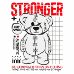 Urso de pelúcia estilizado com costuras, apresentando a mensagem "Stronger" em destaque. Design moderno e ousado com elementos gráficos, incluindo um grid e ícones motivacionais como "Keep Smile" e "Be Stronger Than Anything". Ideal para produtos de moda e decoração inspirados em resiliência e autenticidade.