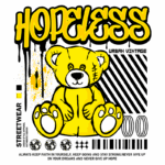 Ilustração de um urso amarelo estilizado, com um design urbano e vintage, apresentando a palavra "HOPELESS" em letras grandes. O fundo combina elementos gráficos, como listras e manchas, destacando o tema de streetwear.