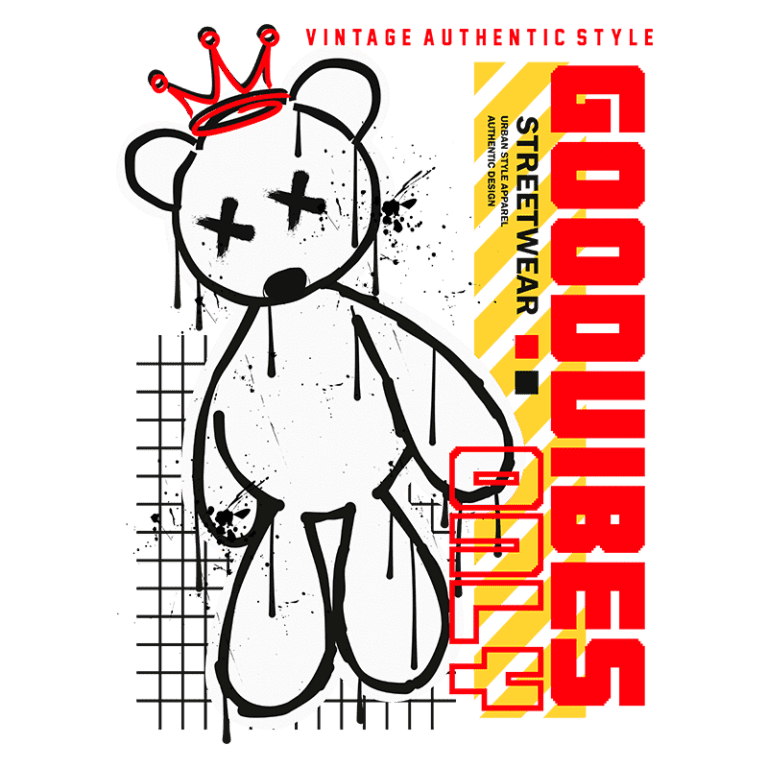 Desenho de um urso de pelúcia estilizado com uma coroa e um halo, apresentando um design urbano e vintage. O fundo inclui elementos gráficos como linhas e manchas, com as palavras "Good Vibes Only" em destaque. Ideal para moda streetwear autêntica.