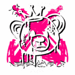 Imagem de uma arte urbana com um urso estilizado, coroa e frases motivacionais, representando a marca de streetwear "Never Give Up". Fundo em tons de rosa e branco, destacando a mensagem de resiliência e sabedoria.
