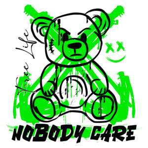Ilustração de um urso de pelúcia com expressão zangada, decorado com traços em verde e preto, acompanhado das frases "Free Life" e "Nobody Care". O design transmite uma estética urbana e rebelde.