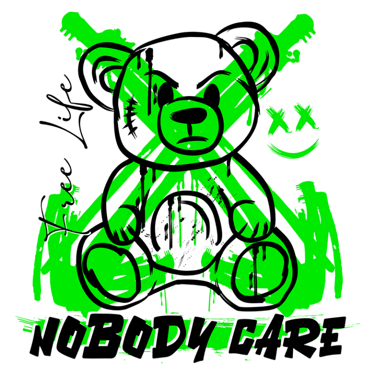 Ilustração de um urso de pelúcia com expressão zangada, decorado com traços em verde e preto, acompanhado das frases "Free Life" e "Nobody Care". O design transmite uma estética urbana e rebelde.