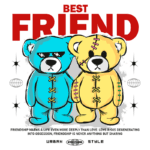 Ilustração de dois ursos de pelúcia estilizados, um azul e um amarelo, representando a amizade. O texto "BEST FRIEND" destaca a importância da amizade, enquanto o design reflete um estilo urbano e moderno. Ideal para peças de streetwear.