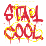 Ilustração de um urso de pelúcia estilizado com grafite colorido, acompanhado da frase "Stay cool, and wait for opportunity", representando a estética streetwear. Ideal para moda urbana e cultura jovem.