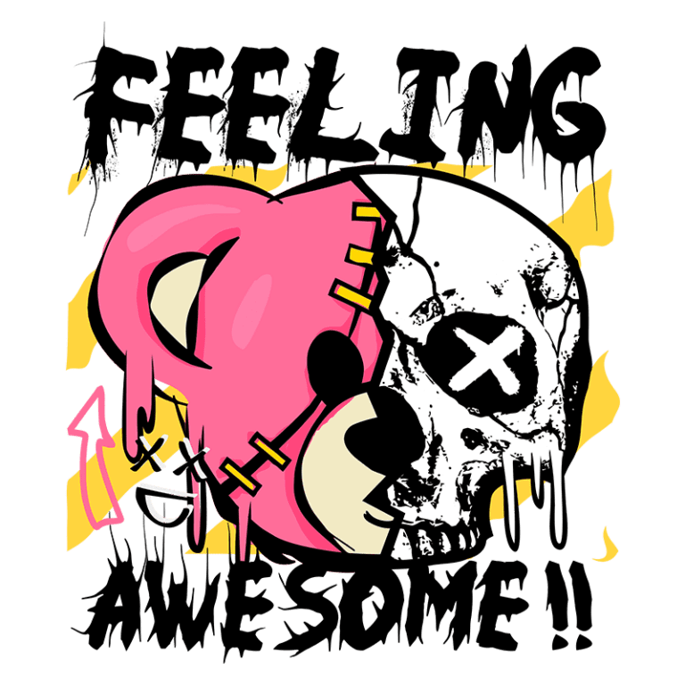 Ilustração de um urso rosa estilizado ao lado de uma caveira, com a frase "FEELING AWESOME!!" em destaque. O design é vibrante e expressivo, misturando elementos de cultura pop e arte urbana.