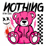 Ursinho de pelúcia rosa com detalhes gráficos vibrantes, incluindo texto "NOTHING" e "STAY COOL", além de elementos como raios e manchas vermelhas, ideal para decoração moderna e estilo urbano.