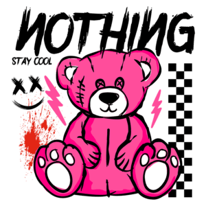 Ursinho de pelúcia rosa com detalhes gráficos vibrantes, incluindo texto "NOTHING" e "STAY COOL", além de elementos como raios e manchas vermelhas, ideal para decoração moderna e estilo urbano.