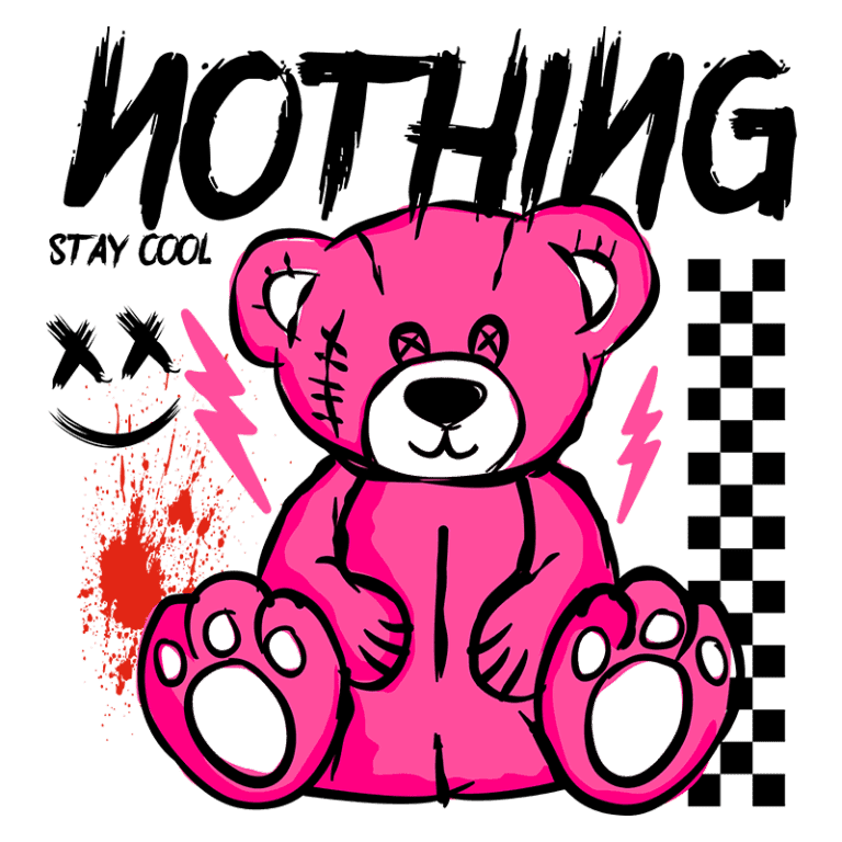 Ursinho de pelúcia rosa com detalhes gráficos vibrantes, incluindo texto "NOTHING" e "STAY COOL", além de elementos como raios e manchas vermelhas, ideal para decoração moderna e estilo urbano.