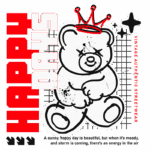 Imagem com um urso de pelúcia estilizado, usando uma coroa vermelha, acompanhado do texto "HAPPY DAYS" em letras grandes e ousadas. O design apresenta um estilo vintage e elementos de streetwear autêntico, com uma paleta de cores vibrantes e detalhes gráficos que evocam uma sensação de energia e atitude.