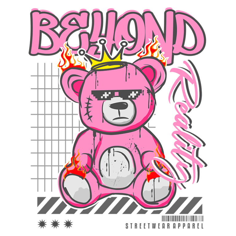 Urso de pelúcia rosa estilizado com óculos escuros e chamas, representando uma estética urbana e moderna. O design inclui a frase "BEYOND Reality" e elementos gráficos que evocam streetwear. Ideal para moda jovem e criativa.