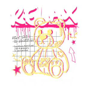 Ilustração de um urso de pelúcia com um estilo gráfico colorido, acompanhado das palavras "RELAX", "enjoy yourself" e mensagens sobre relaxamento e beleza da vida. Ideal para transmitir uma sensação de descontração e leveza.