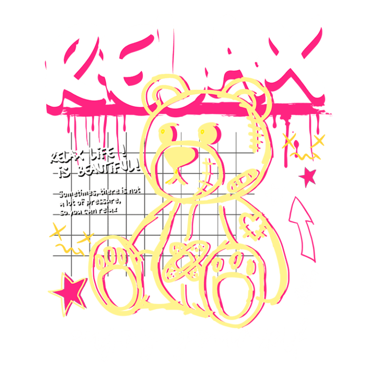 Ilustração de um urso de pelúcia com um estilo gráfico colorido, acompanhado das palavras "RELAX", "enjoy yourself" e mensagens sobre relaxamento e beleza da vida. Ideal para transmitir uma sensação de descontração e leveza.