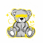 Ursinho de pelúcia estilizado com texto "NEVERMIND" e elementos gráficos coloridos, transmitindo uma mensagem de descontração e humor. Ideal para produtos criativos e arte urbana.