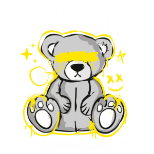Ursinho de pelúcia estilizado com texto "NEVERMIND" e elementos gráficos coloridos, transmitindo uma mensagem de descontração e humor. Ideal para produtos criativos e arte urbana.