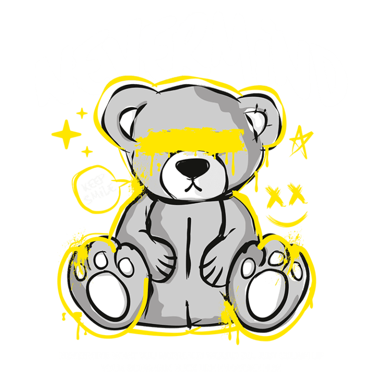 Ursinho de pelúcia estilizado com texto "NEVERMIND" e elementos gráficos coloridos, transmitindo uma mensagem de descontração e humor. Ideal para produtos criativos e arte urbana.