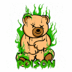 Urso de pelúcia estilizado com detalhes em verde e elementos gráficos de eletricidade, acompanhado do texto "DANGEROUS POISON", representando uma estética ousada e moderna.