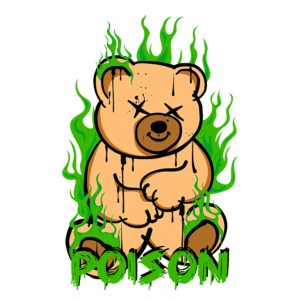 Urso de pelúcia estilizado com detalhes em verde e elementos gráficos de eletricidade, acompanhado do texto "DANGEROUS POISON", representando uma estética ousada e moderna.