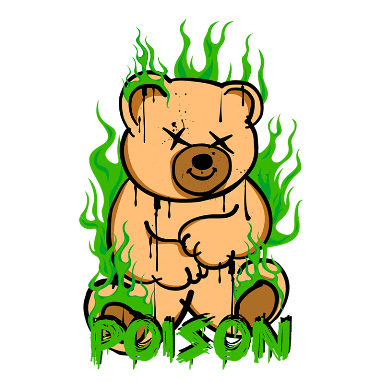 Urso de pelúcia estilizado com detalhes em verde e elementos gráficos de eletricidade, acompanhado do texto "DANGEROUS POISON", representando uma estética ousada e moderna.
