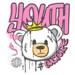 Ilustração de um urso de pelúcia estilizado com uma coroa, acompanhado de grafites coloridos e a palavra "YOUTH" em destaque, representando a cultura urbana. Elementos visuais incluem um logo de vestuário autêntico e a hashtag "#CULTURE".